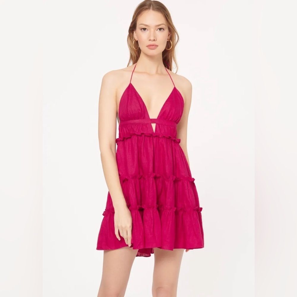 NWT Cami NYC Doris Pink Linen Tiered Babydoll Mini Dress Raspberry Small Fairy
